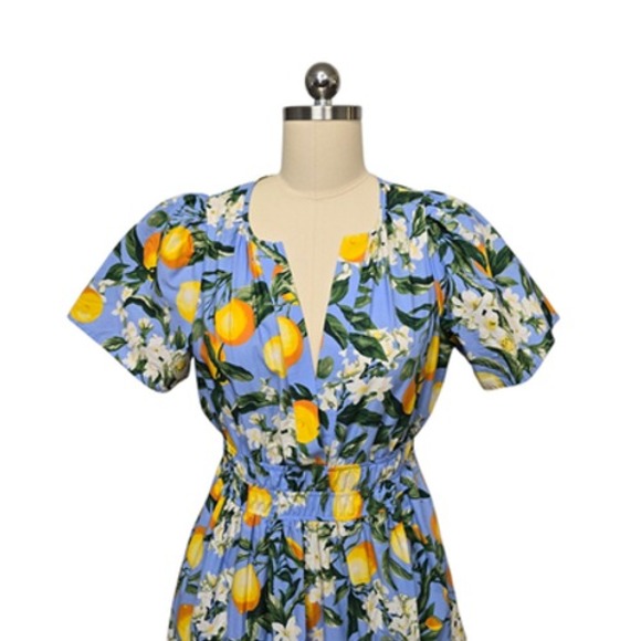 Anthropologie Dress Womens‎ XS Blue Lemon Print Cotton Maxi Tiered Puff Sleeve - Picture 10 of 12